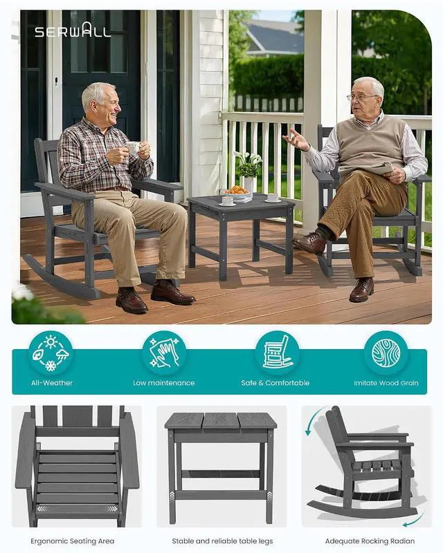 Alt view image 7 of 7 - Outdoor Rocking Chair Set of 2 with Side Table, All-Weather HDPE 3 Piece Patio Furniture Set, Outdoor Bistro Set with Pre-Drilled Hole for Porch Deck Lawn Balcony, Grey