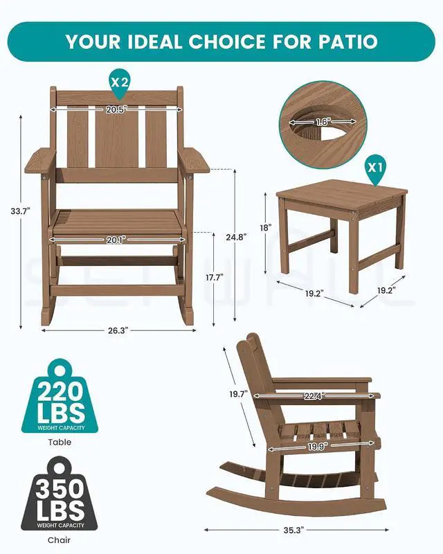 Alt view image 2 of 7 - Outdoor Rocking Chairs Set of 2 with Side Table, All-Weather HDPE 3 Piece Patio Furniture Set, Patio Bistro Set with Pre-Drilled Umbrella Hole for for Porch Deck Lawn Balcony, Brown
