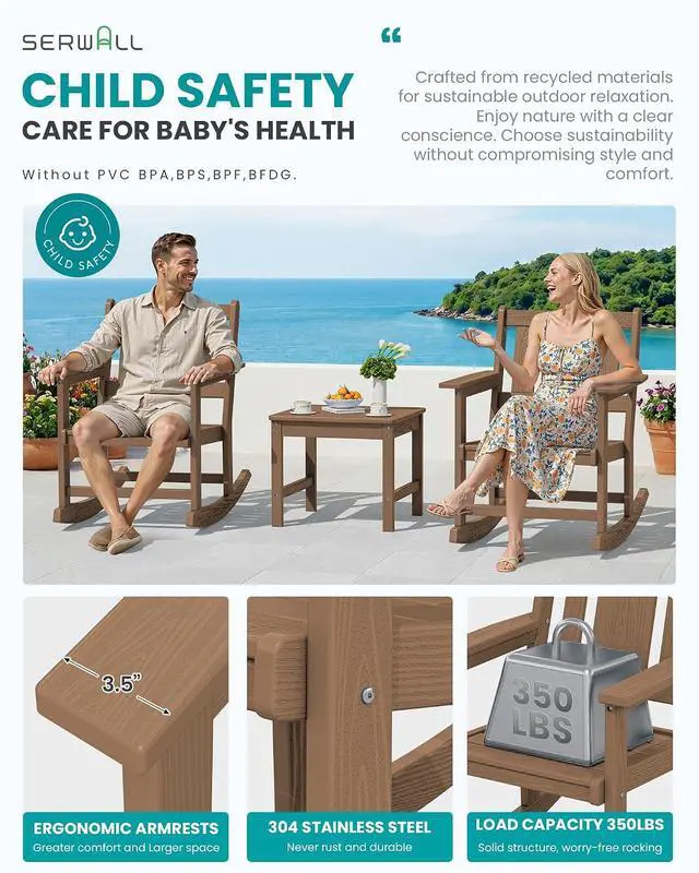 Alt view image 4 of 7 - Outdoor Rocking Chairs Set of 2 with Side Table, All-Weather HDPE 3 Piece Patio Furniture Set, Patio Bistro Set with Pre-Drilled Umbrella Hole for for Porch Deck Lawn Balcony, Brown