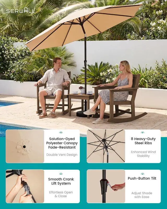 Alt view image 3 of 7 - Outdoor Rocking Chairs Set of 2 with 1 Side Table & 9ft Patio Umbrella, All-Weather HDPE 3 Piece Patio Furniture Set(Umbrella Base Not Included), Brown
