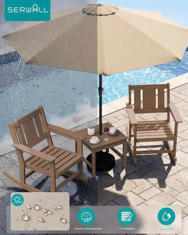 Alt view image 4 of 7 - Outdoor Rocking Chairs Set of 2 with 1 Side Table & 9ft Patio Umbrella, All-Weather HDPE 3 Piece Patio Furniture Set(Umbrella Base Not Included), Brown