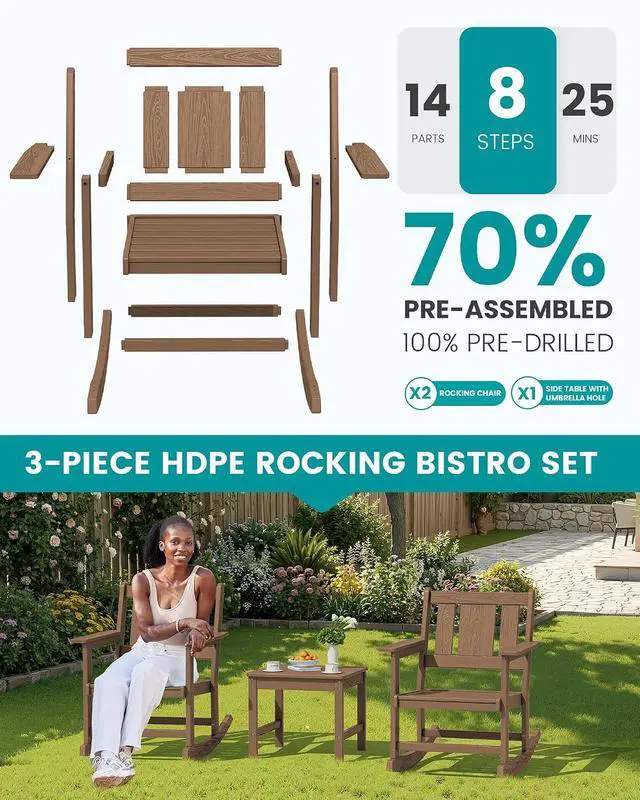 Alt view image 6 of 7 - Outdoor Rocking Chairs Set of 2 with 1 Side Table & 9ft Patio Umbrella, All-Weather HDPE 3 Piece Patio Furniture Set(Umbrella Base Not Included), Brown