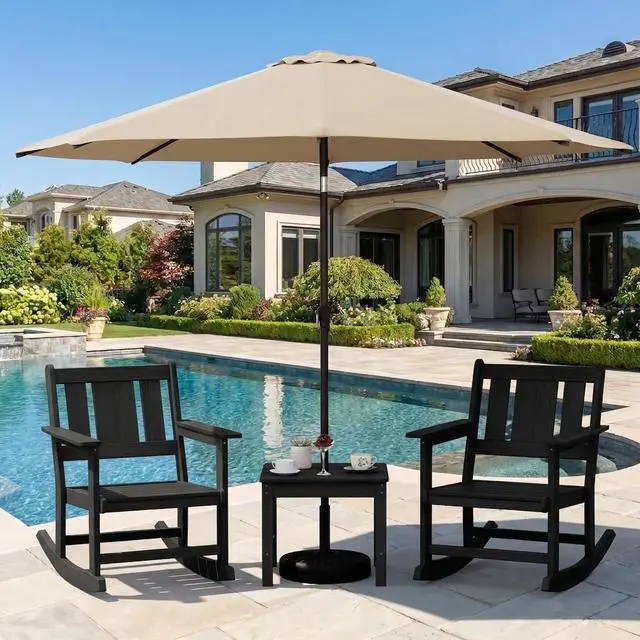 Main image of Outdoor Rocking Chairs Set of 2 with 1 Side Table & 9ft Patio Umbrella, All-Weather HDPE 3 Piece Patio Furniture Set(Umbrella Base Not Included), Black