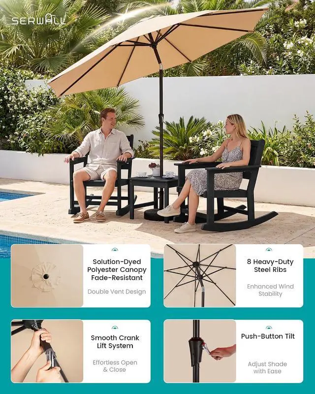 Alt view image 3 of 7 - Outdoor Rocking Chairs Set of 2 with 1 Side Table & 9ft Patio Umbrella, All-Weather HDPE 3 Piece Patio Furniture Set(Umbrella Base Not Included), Black