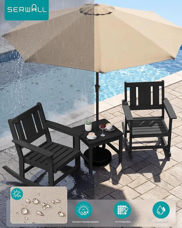 Alt view image 4 of 7 - Outdoor Rocking Chairs Set of 2 with 1 Side Table & 9ft Patio Umbrella, All-Weather HDPE 3 Piece Patio Furniture Set(Umbrella Base Not Included), Black