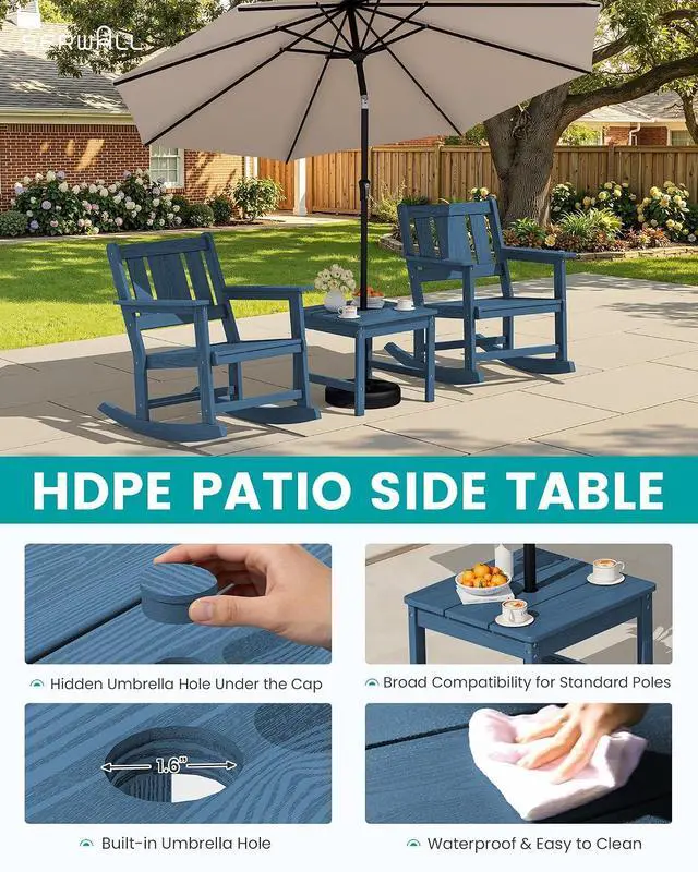 Alt view image 7 of 7 - HDPE Outdoor Rocking Chairs Set of 6, All Weather 4 Porch Rockers with 2 Side Tables, Waterproof Patio Conversation Set for Fire Pit, Garden, Backyard, Blue