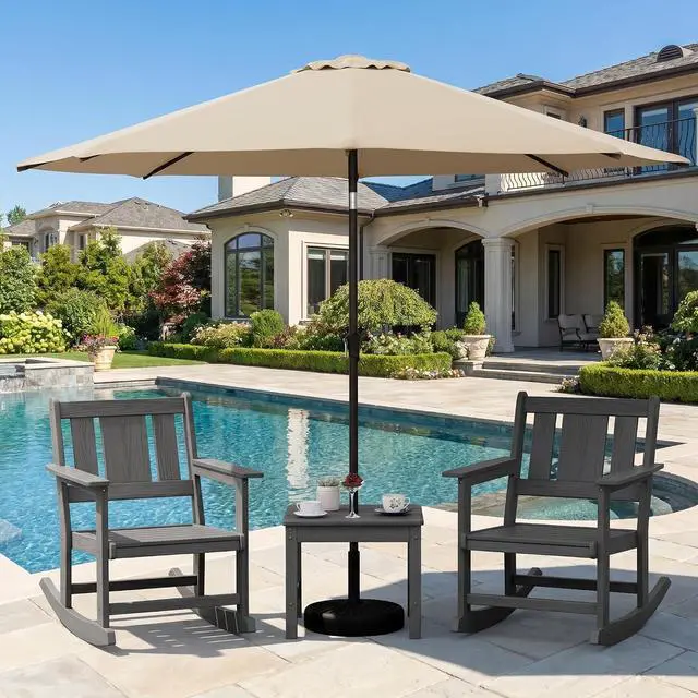 Main image of Outdoor Rocking Chairs Set of 2 with 1 Side Table & 9ft Patio Umbrella, All-Weather HDPE 3 Piece Patio Furniture Set(Umbrella Base Not Included), Grey