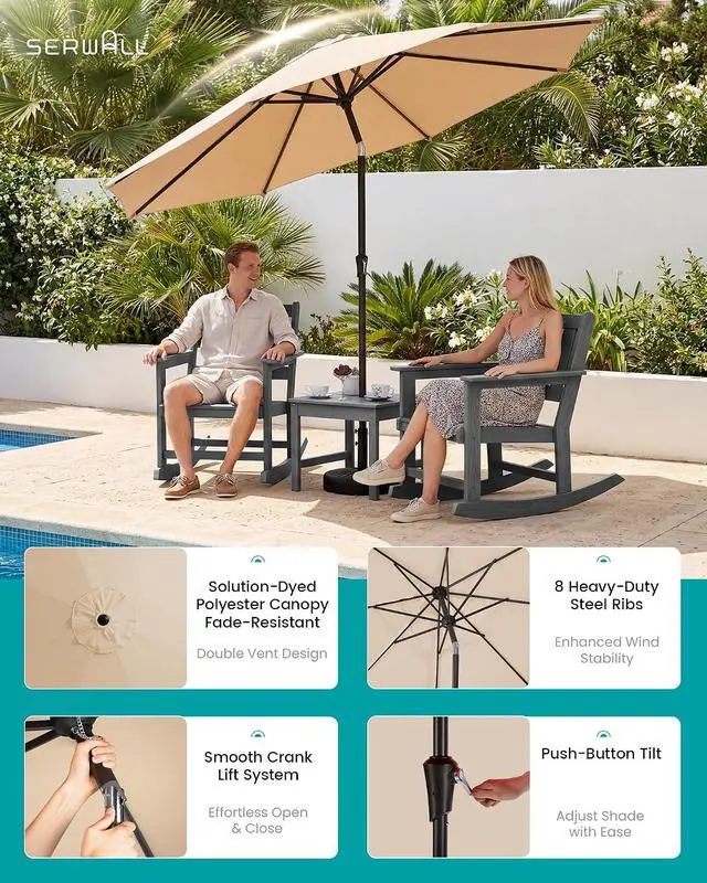 Alt view image 3 of 7 - Outdoor Rocking Chairs Set of 2 with 1 Side Table & 9ft Patio Umbrella, All-Weather HDPE 3 Piece Patio Furniture Set(Umbrella Base Not Included), Grey