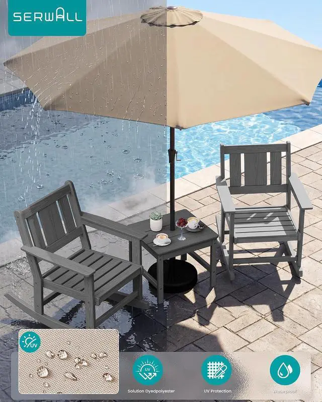 Alt view image 4 of 7 - Outdoor Rocking Chairs Set of 2 with 1 Side Table & 9ft Patio Umbrella, All-Weather HDPE 3 Piece Patio Furniture Set(Umbrella Base Not Included), Grey