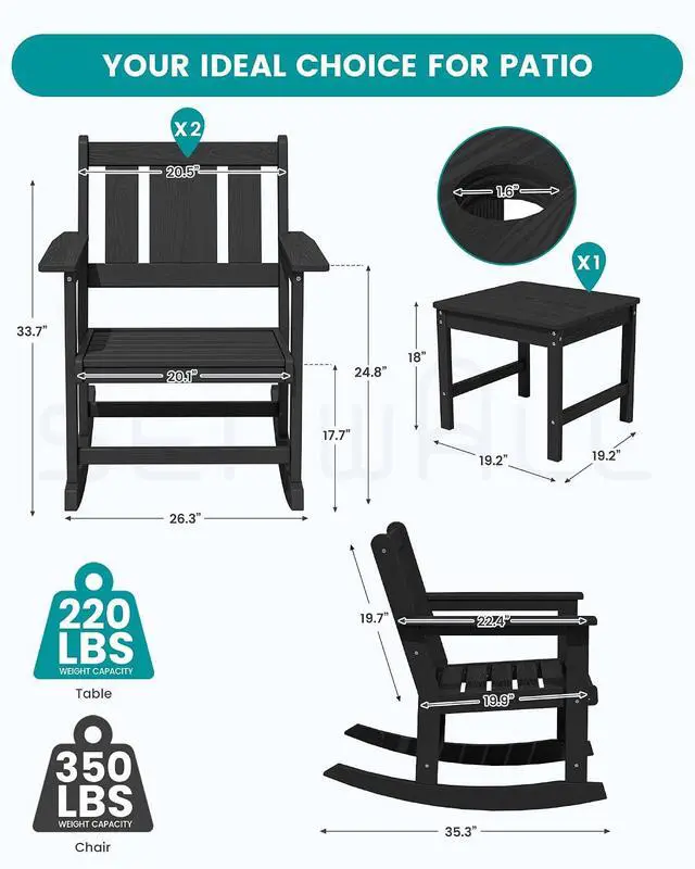 Alt view image 2 of 7 - Outdoor Rocking Chairs Set of 2 with 1 Side Table & 9ft Patio Umbrella, All-Weather HDPE 3 Piece Patio Furniture Set(Umbrella Base Not Included), Black