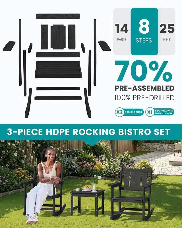 Alt view image 6 of 7 - Outdoor Rocking Chairs Set of 2 with 1 Side Table & 9ft Patio Umbrella, All-Weather HDPE 3 Piece Patio Furniture Set(Umbrella Base Not Included), Black