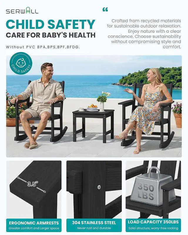 Alt view image 5 of 7 - Outdoor Rocking Chairs Set of 2 with 1 Side Table & 9ft Patio Umbrella, All-Weather HDPE 3 Piece Patio Furniture Set(Umbrella Base Not Included), Black