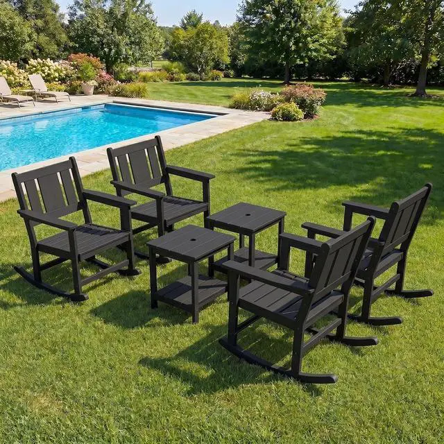 Main image of HDPE Outdoor Rocking Chairs Set of 6, All Weather 4 Porch Rockers with 2 Side Tables, Waterproof Patio Conversation Set for Fire Pit, Garden, Backyard, Black