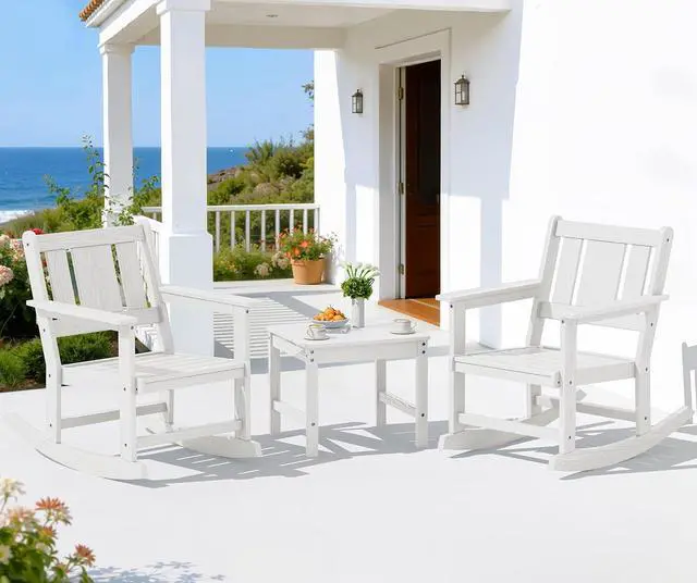 Main image of Outdoor Rocking Chairs Set of 2 with Side Table, All-Weather HDPE 3 Piece Patio Furniture Set, Patio Bistro Set with Umbrella Hole for Porch Deck Lawn Balcony, White