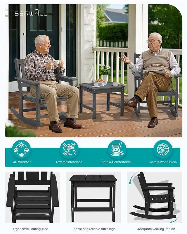 Alt view image 6 of 7 - HDPE Outdoor Rocking Chairs Set of 6, All Weather 4 Porch Rockers with 2 Side Tables, Waterproof Patio Conversation Set for Fire Pit, Garden, Backyard, Black