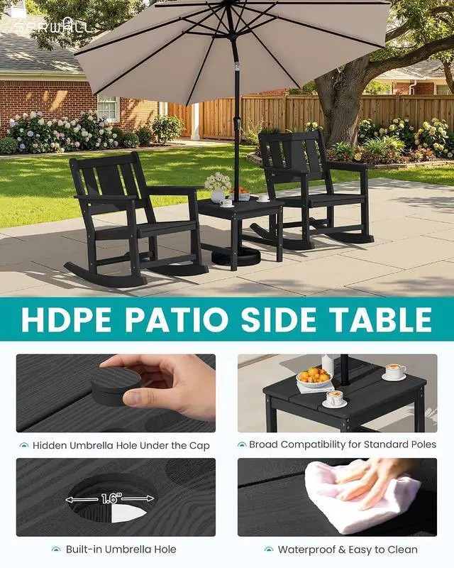 Alt view image 7 of 7 - HDPE Outdoor Rocking Chairs Set of 6, All Weather 4 Porch Rockers with 2 Side Tables, Waterproof Patio Conversation Set for Fire Pit, Garden, Backyard, Black