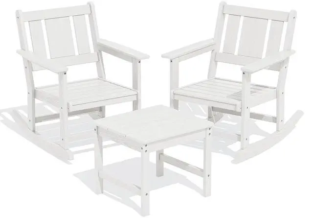 Alt view image 3 of 7 - Outdoor Rocking Chairs Set of 2 with Side Table, All-Weather HDPE 3 Piece Patio Furniture Set, Patio Bistro Set with Umbrella Hole for Porch Deck Lawn Balcony, White