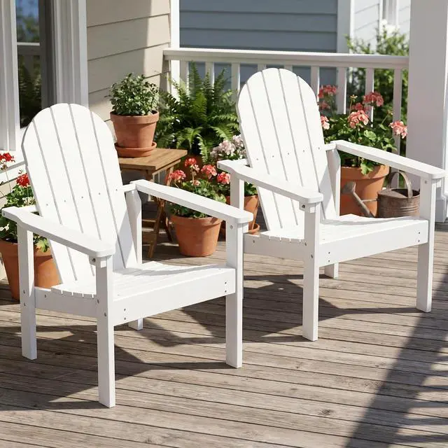 Alt view image 2 of 7 - Stackable Modern Adirondack Chair, HDPE Outdoor Patio Chair with Space-Saving Design, All-Weather Fire Pit Chair with Widened Seat for Deck, Backyard, Garden, Lawn (White)
