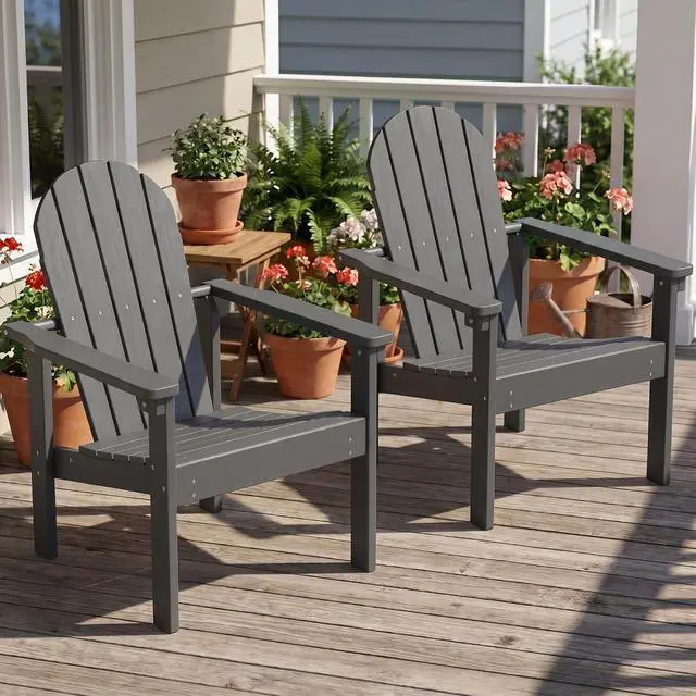Alt view image 2 of 7 - Stackable Modern Adirondack Chair, HDPE Outdoor Patio Chair with Space-Saving Design, All-Weather Fire Pit Chair with Widened Seat for Deck, Backyard, Garden, Lawn (Grey)