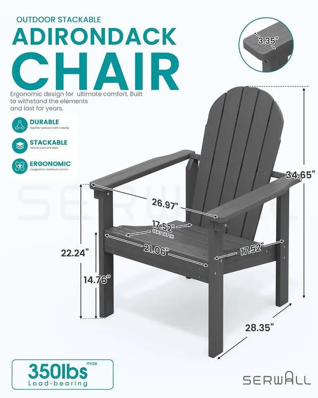 Alt view image 3 of 7 - Stackable Modern Adirondack Chair, HDPE Outdoor Patio Chair with Space-Saving Design, All-Weather Fire Pit Chair with Widened Seat for Deck, Backyard, Garden, Lawn (Grey)