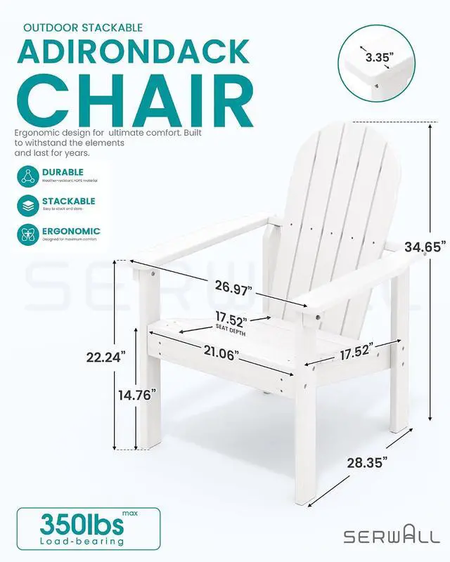 Alt view image 3 of 7 - Stackable Modern Adirondack Chair, HDPE Outdoor Patio Chair with Space-Saving Design, All-Weather Fire Pit Chair with Widened Seat for Deck, Backyard, Garden, Lawn (White)