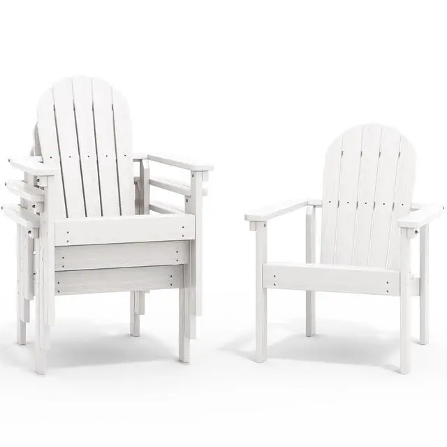 Alt view image 3 of 7 - Stackable Modern Adirondack Chairs Set of 4, HDPE Outdoor Patio Chairs with Space-Saving Design, All-Weather Fire Pit Chairs with Widened Seat for Deck, Backyard, Garden, Lawn (White)