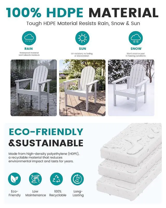 Alt view image 4 of 7 - Stackable Modern Adirondack Chair, HDPE Outdoor Patio Chair with Space-Saving Design, All-Weather Fire Pit Chair with Widened Seat for Deck, Backyard, Garden, Lawn (White)