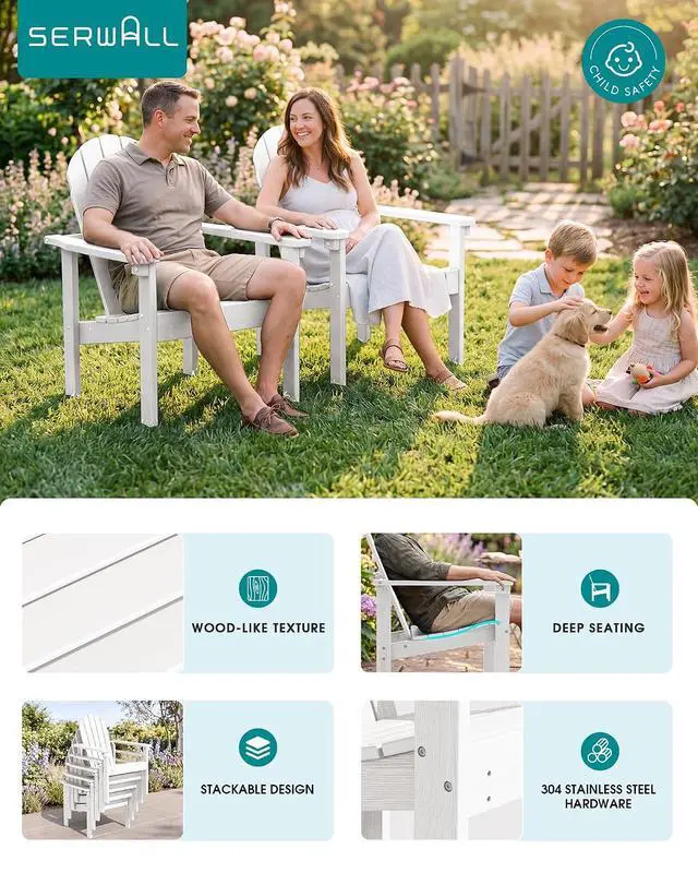 Alt view image 5 of 7 - Stackable Modern Adirondack Chair, HDPE Outdoor Patio Chair with Space-Saving Design, All-Weather Fire Pit Chair with Widened Seat for Deck, Backyard, Garden, Lawn (White)