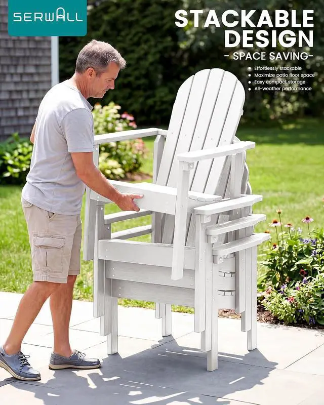 Alt view image 6 of 7 - Stackable Modern Adirondack Chair, HDPE Outdoor Patio Chair with Space-Saving Design, All-Weather Fire Pit Chair with Widened Seat for Deck, Backyard, Garden, Lawn (White)