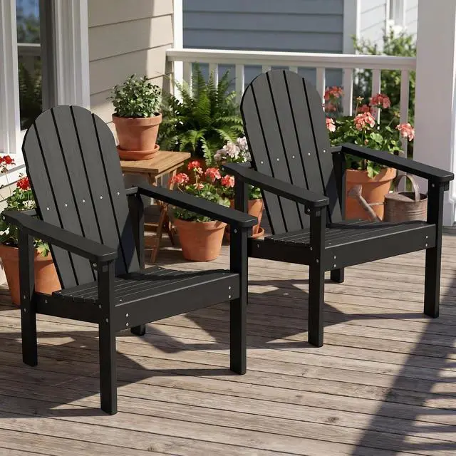 Alt view image 2 of 7 - Stackable Modern Adirondack Chair, HDPE Outdoor Patio Chair with Space-Saving Design, All-Weather Fire Pit Chair with Widened Seat for Deck, Backyard, Garden, Lawn (Black)