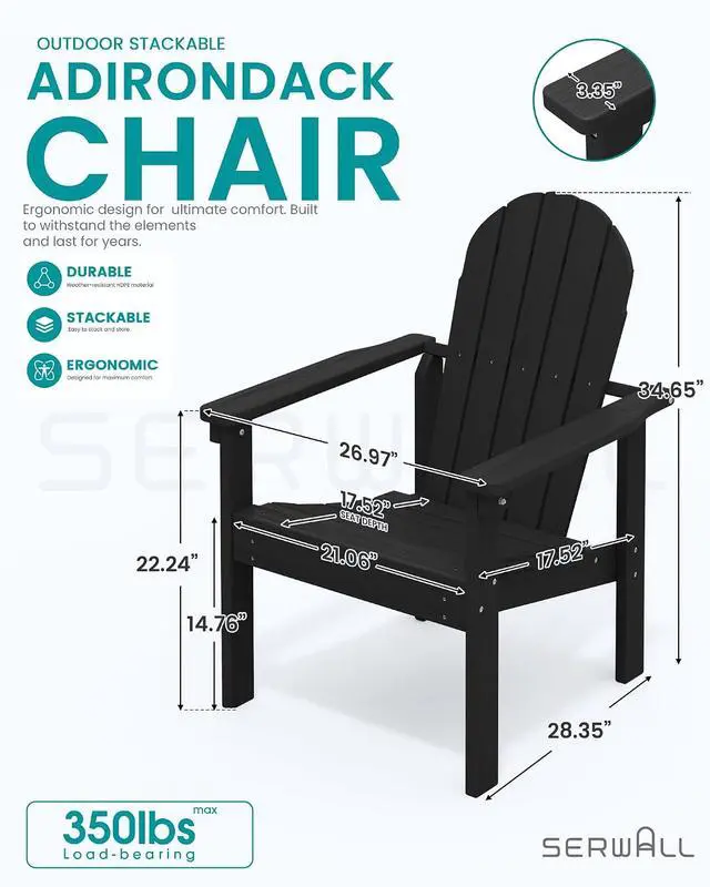 Alt view image 3 of 7 - Stackable Modern Adirondack Chair, HDPE Outdoor Patio Chair with Space-Saving Design, All-Weather Fire Pit Chair with Widened Seat for Deck, Backyard, Garden, Lawn (Black)