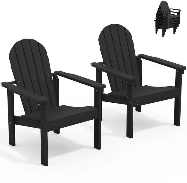 Main image of Stackable Modern Adirondack Chairs Set of 2, HDPE Outdoor Patio Chairs with Space-Saving Design, All-Weather Fire Pit Chairs with Widened Seat for Deck, Backyard, Garden, Lawn (Black)