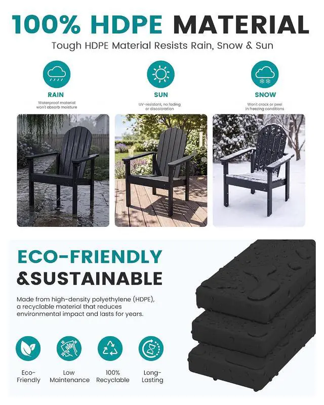 Alt view image 4 of 7 - Stackable Modern Adirondack Chair, HDPE Outdoor Patio Chair with Space-Saving Design, All-Weather Fire Pit Chair with Widened Seat for Deck, Backyard, Garden, Lawn (Black)