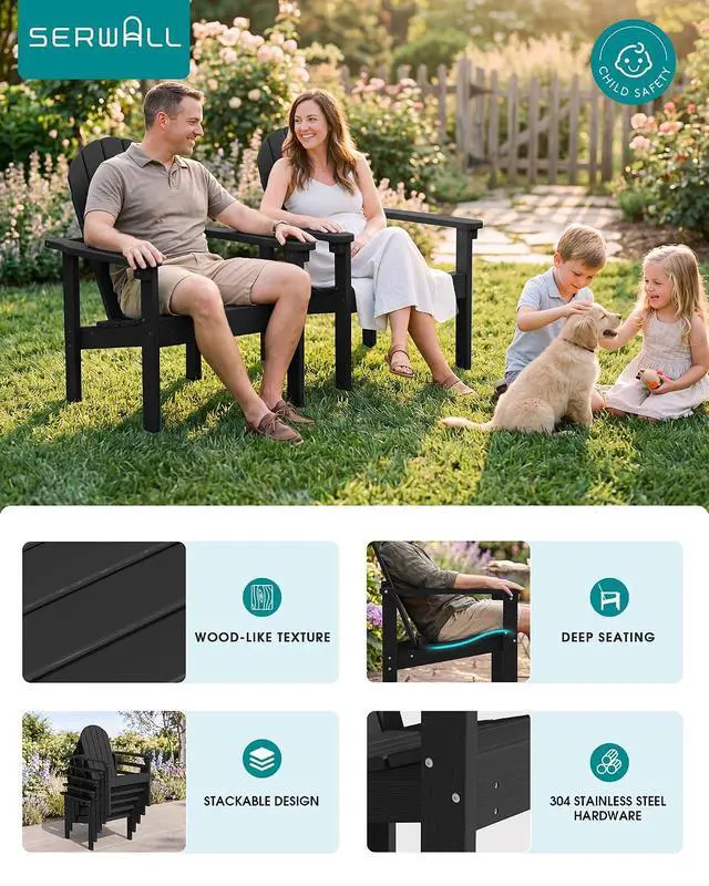 Alt view image 5 of 7 - Stackable Modern Adirondack Chair, HDPE Outdoor Patio Chair with Space-Saving Design, All-Weather Fire Pit Chair with Widened Seat for Deck, Backyard, Garden, Lawn (Black)