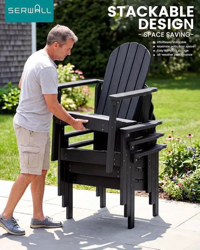 Alt view image 6 of 7 - Stackable Modern Adirondack Chair, HDPE Outdoor Patio Chair with Space-Saving Design, All-Weather Fire Pit Chair with Widened Seat for Deck, Backyard, Garden, Lawn (Black)