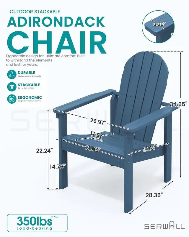 Alt view image 3 of 7 - Stackable Modern Adirondack Chair, HDPE Outdoor Patio Chair with Space-Saving Design, All-Weather Fire Pit Chair with Widened Seat for Deck, Backyard, Garden, Lawn (Blue)