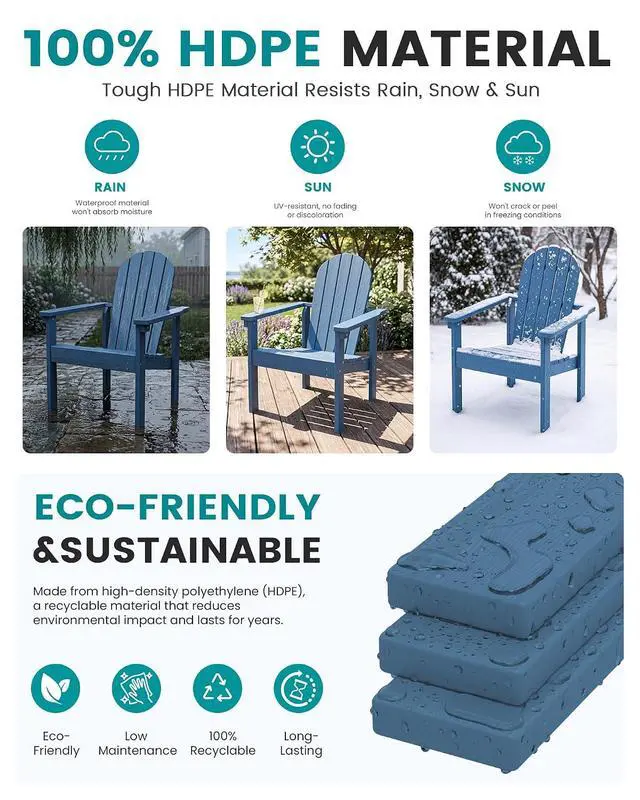 Alt view image 4 of 7 - Stackable Modern Adirondack Chair, HDPE Outdoor Patio Chair with Space-Saving Design, All-Weather Fire Pit Chair with Widened Seat for Deck, Backyard, Garden, Lawn (Blue)