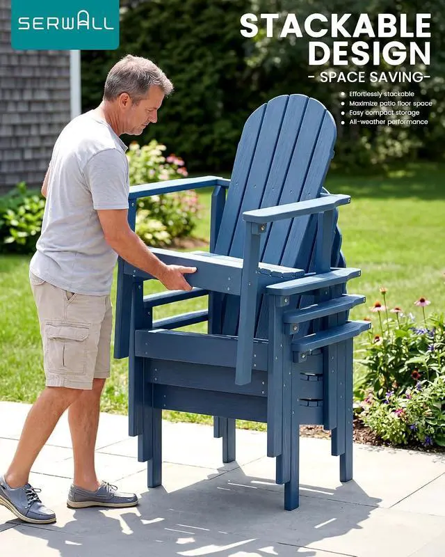 Alt view image 5 of 7 - Stackable Modern Adirondack Chair, HDPE Outdoor Patio Chair with Space-Saving Design, All-Weather Fire Pit Chair with Widened Seat for Deck, Backyard, Garden, Lawn (Blue)