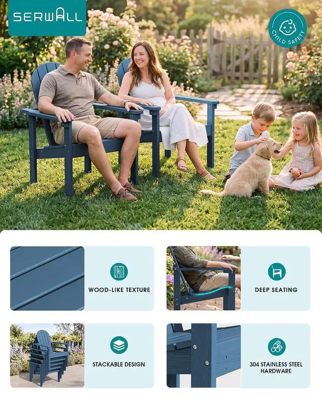 Alt view image 6 of 7 - Stackable Modern Adirondack Chair, HDPE Outdoor Patio Chair with Space-Saving Design, All-Weather Fire Pit Chair with Widened Seat for Deck, Backyard, Garden, Lawn (Blue)