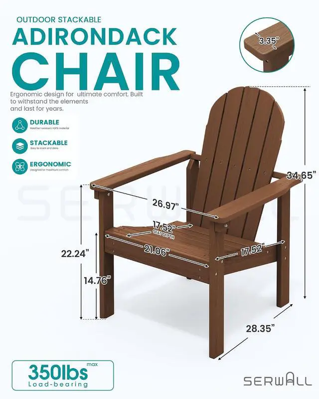 Alt view image 3 of 7 - Stackable Modern Adirondack Chair, HDPE Outdoor Patio Chair with Space-Saving Design, All-Weather Fire Pit Chair with Widened Seat for Deck, Backyard, Garden, Lawn (Brown)