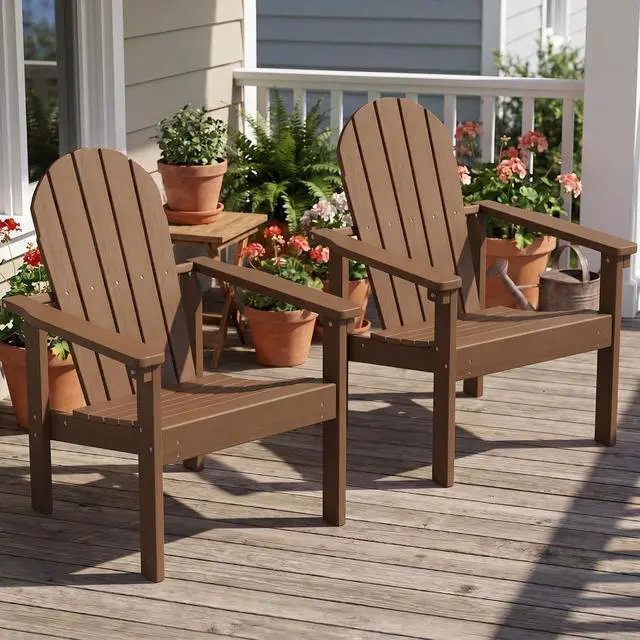 Alt view image 2 of 7 - Stackable Modern Adirondack Chair, HDPE Outdoor Patio Chair with Space-Saving Design, All-Weather Fire Pit Chair with Widened Seat for Deck, Backyard, Garden, Lawn (Brown)