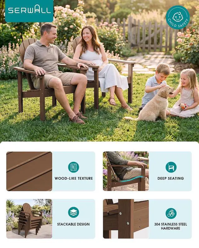 Alt view image 5 of 7 - Stackable Modern Adirondack Chair, HDPE Outdoor Patio Chair with Space-Saving Design, All-Weather Fire Pit Chair with Widened Seat for Deck, Backyard, Garden, Lawn (Brown)