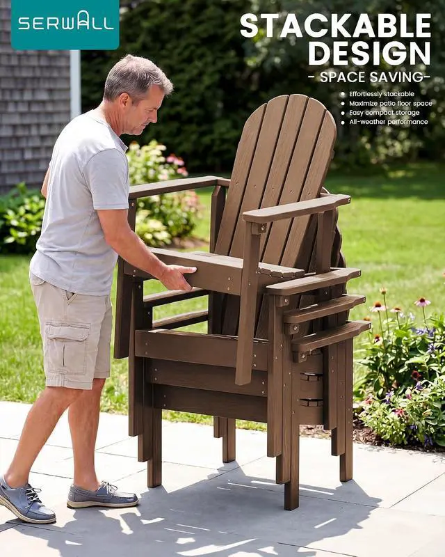 Alt view image 6 of 7 - Stackable Modern Adirondack Chair, HDPE Outdoor Patio Chair with Space-Saving Design, All-Weather Fire Pit Chair with Widened Seat for Deck, Backyard, Garden, Lawn (Brown)