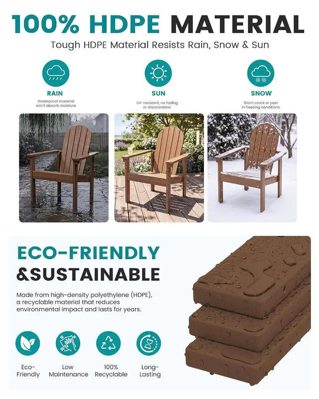 Alt view image 4 of 7 - Stackable Modern Adirondack Chair, HDPE Outdoor Patio Chair with Space-Saving Design, All-Weather Fire Pit Chair with Widened Seat for Deck, Backyard, Garden, Lawn (Brown)