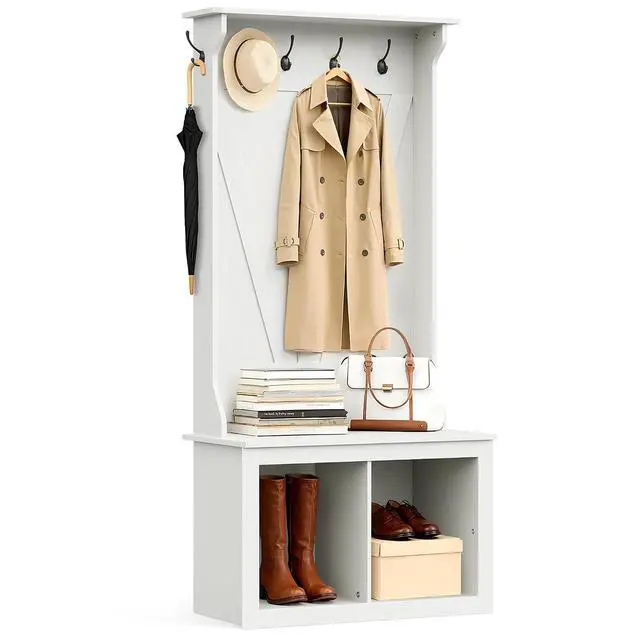 Alt view image 2 of 7 - 67" Hall Tree with Bench and Shoe Storage, Farmhouse Entryway Bench with Coat Rack, Mudroom Storage Organizer with 2 Cubbies, 6 Hooks for Entryway, Living Room, White