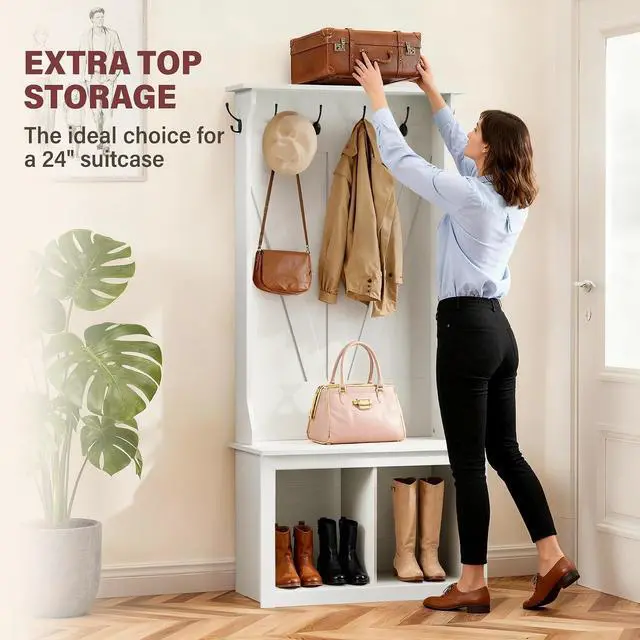 Alt view image 4 of 7 - 67" Hall Tree with Bench and Shoe Storage, Farmhouse Entryway Bench with Coat Rack, Mudroom Storage Organizer with 2 Cubbies, 6 Hooks for Entryway, Living Room, White