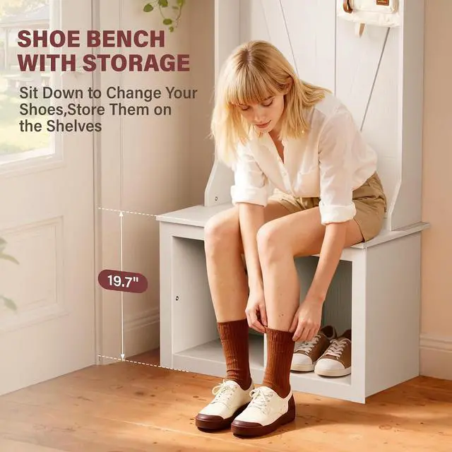 Alt view image 5 of 7 - 67" Hall Tree with Bench and Shoe Storage, Farmhouse Entryway Bench with Coat Rack, Mudroom Storage Organizer with 2 Cubbies, 6 Hooks for Entryway, Living Room, White