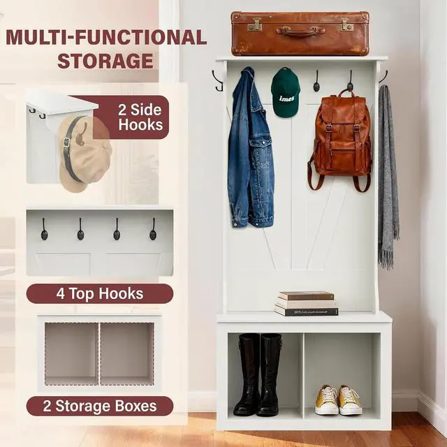 Alt view image 6 of 7 - 67" Hall Tree with Bench and Shoe Storage, Farmhouse Entryway Bench with Coat Rack, Mudroom Storage Organizer with 2 Cubbies, 6 Hooks for Entryway, Living Room, White