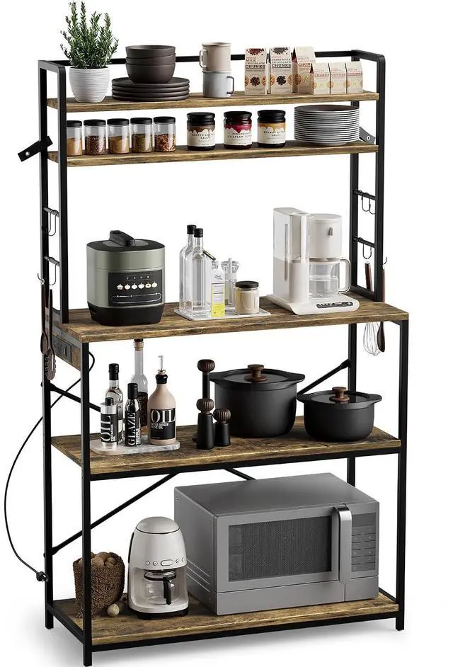 Main image of Backers Rack with Power Outlet, 39.4" W Kitchen Microwave Stand with 8 S-Shaped Hooks, 5 Tiers Coffee Bar Station Storage Shelf for Spices, Pots, Rustic Brown