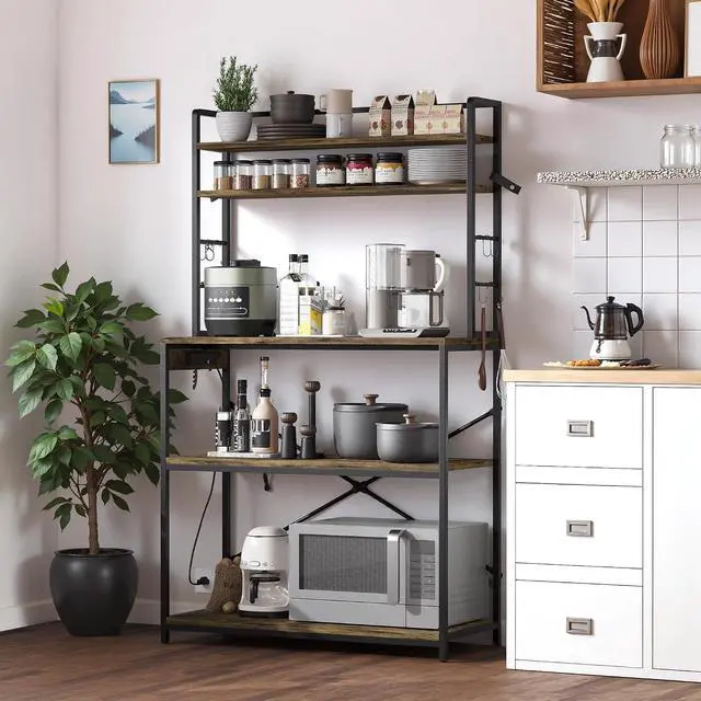 Alt view image 2 of 7 - Backers Rack with Power Outlet, 39.4" W Kitchen Microwave Stand with 8 S-Shaped Hooks, 5 Tiers Coffee Bar Station Storage Shelf for Spices, Pots, Rustic Brown